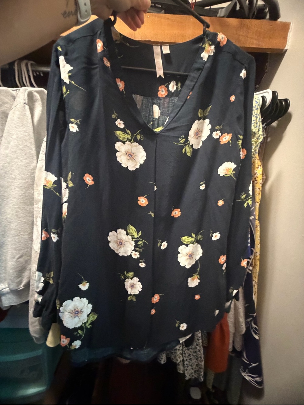 Floral V-Neck Navy Blouse with Long Sleeves